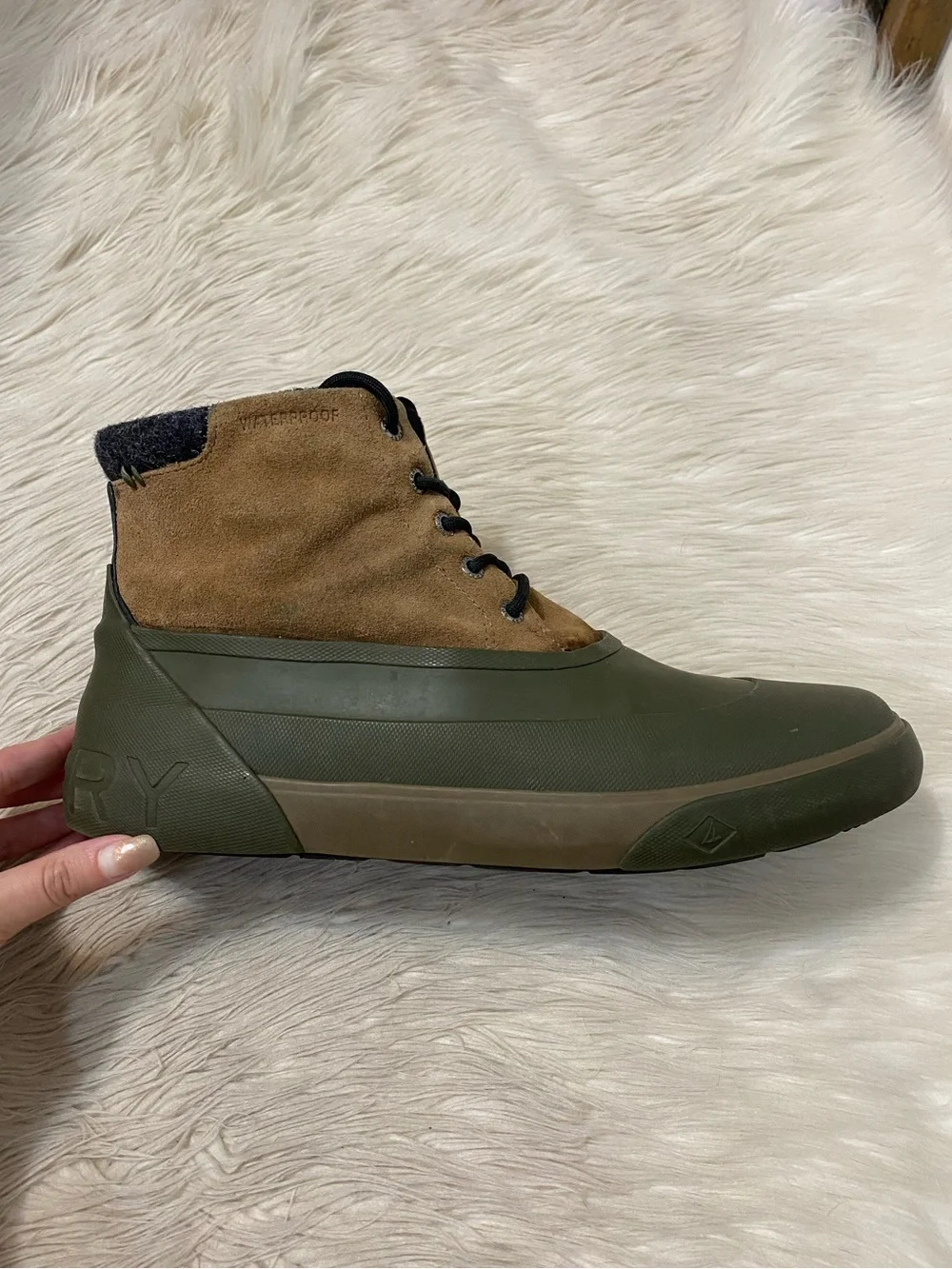 Sperry Men's Cutwater Deck Boot Brown Suede Leather Olive Thinsulate Fleece 11